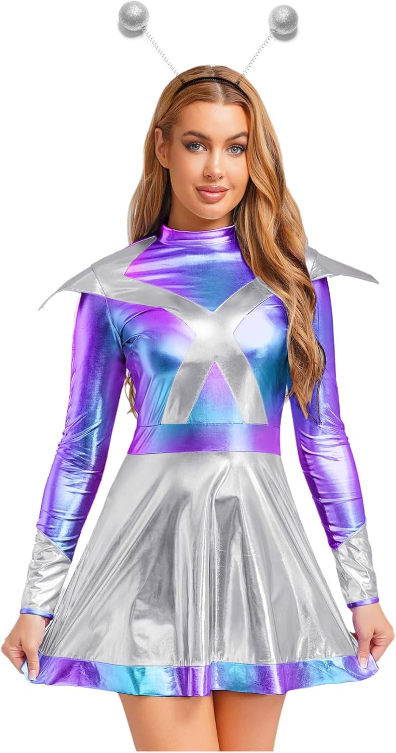 Alien Alien Costume Women's Long Sleeve Metallic Dress Astronaut Costume Futuristic Carnival