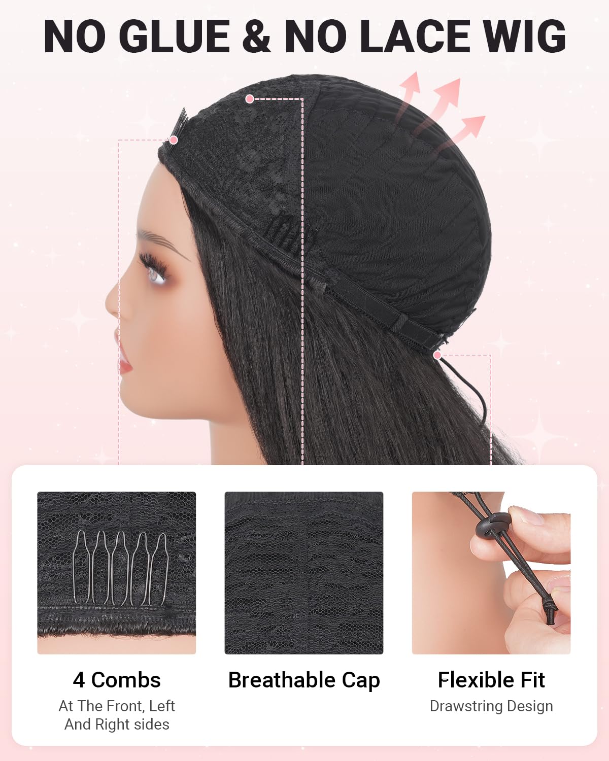 Kinky Straight Half Wig 3 In 1 Synthetic Half Wigs With Adjustable Drawstring Soft As Human Hair Glueless Seamless Flip Headband Wig For Black Women (Black, 24 Inch)