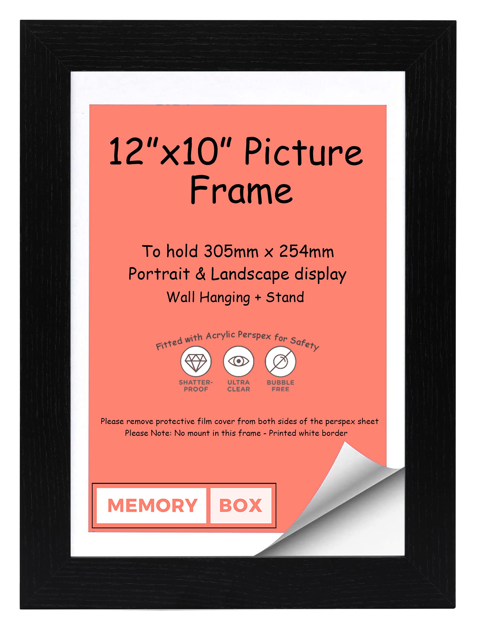 Memory Box Wrapped MDF Picture/Photo/Poster frame with Perspex Sheet - Moulding 30mm Wide and 15mm Deep - (30.5 x 25.4cm) Black 12" x 10"