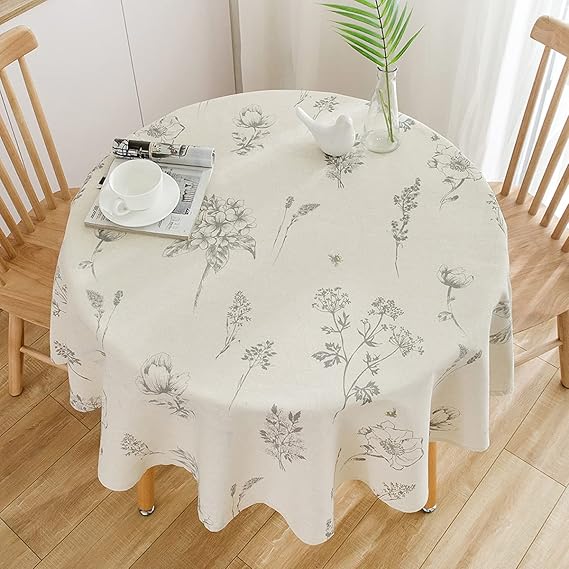 DINGC Round Cotton and Linen Tablecloth with Floral Print 150 cm Beige