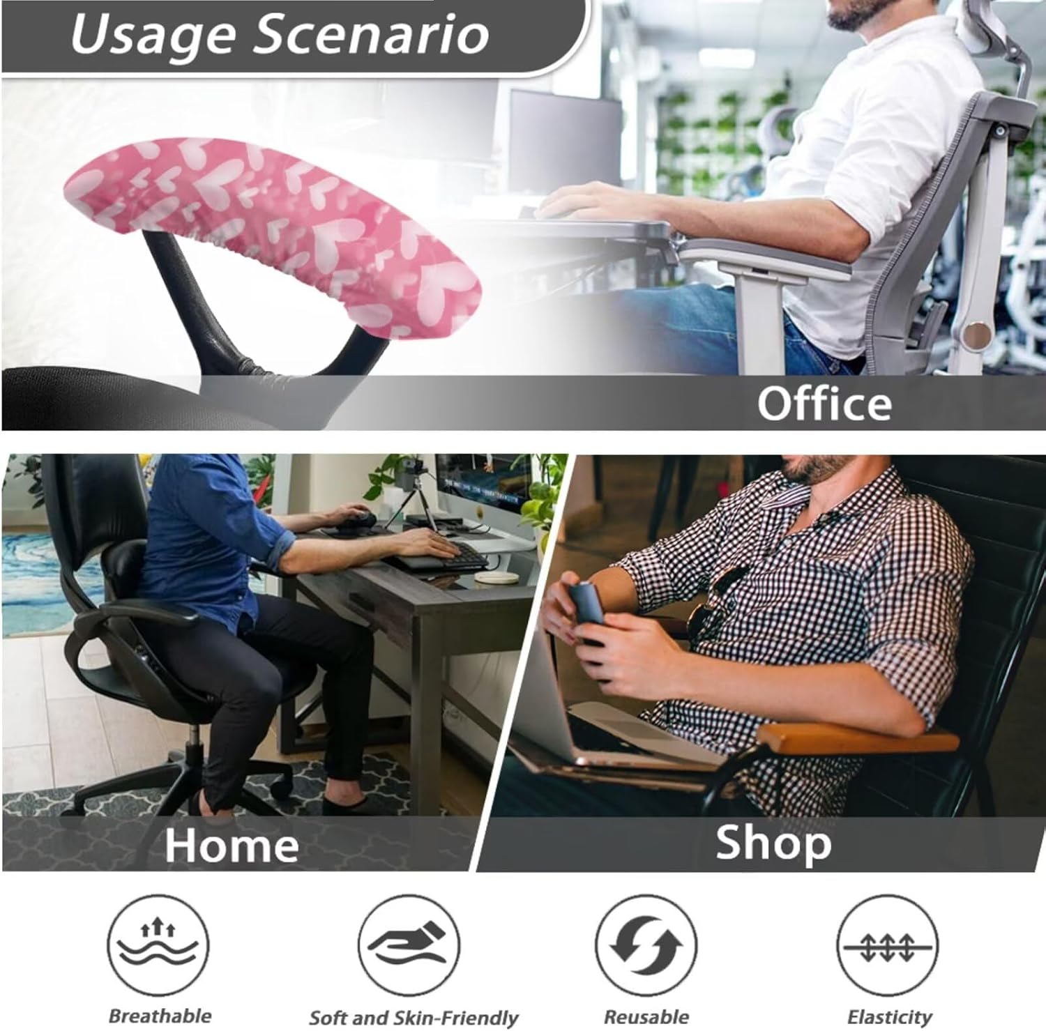 Pink Love Heart Print Computer Office Chair Cover, Universal Desk Chair Seat Protector with Armrest Covers Thick High Back Chair Slipcover Breathable Swivel Chair Covers-S