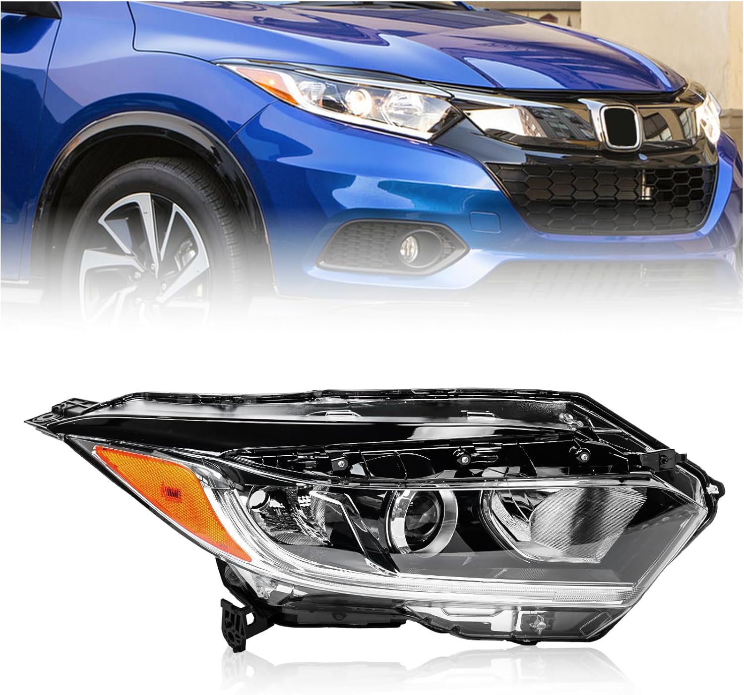 Right Headlight Assembly for Honda HRV HR-V 2019 2020 2021 2022 Halogen w/LED DRL Headlamp Replacement Factory Style Black Housing Passenger Side