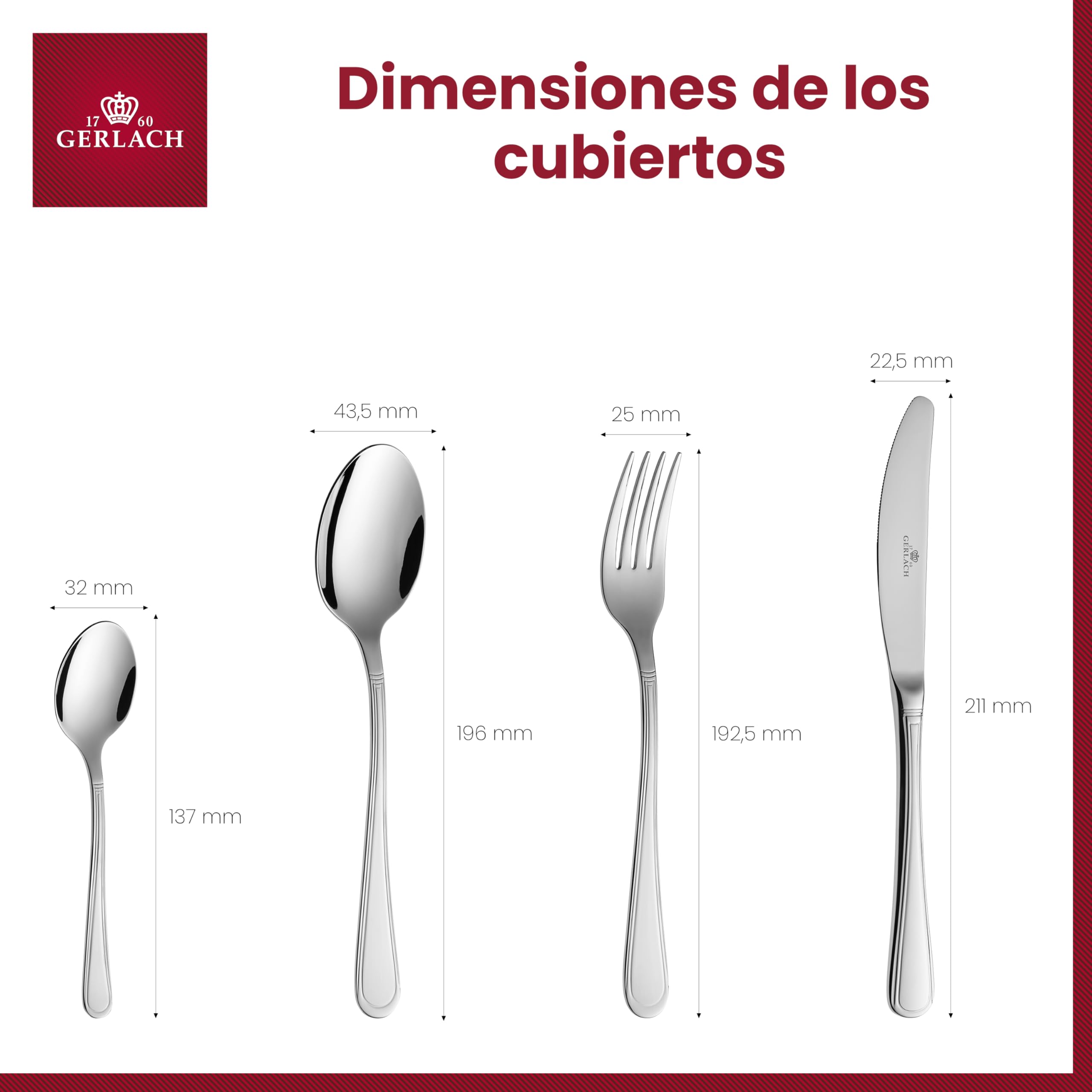 Gerlach - Cubertería Mate Antica, Acero Inoxidable, Plata, 50 x 37 x 10 cm, 68 Unidades