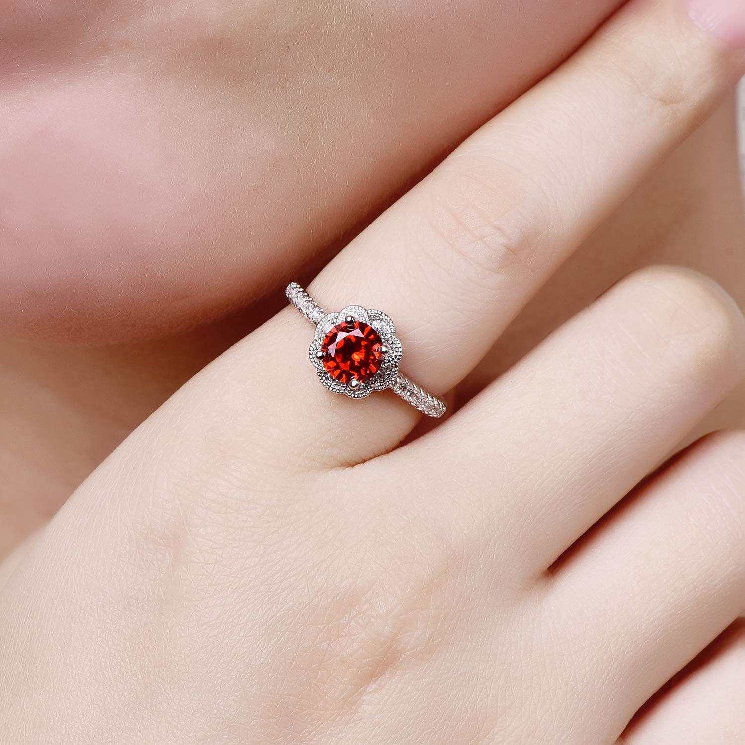 Emsione 925 Silver Plated Created Garnet Round Cut Halo Flower Thin Statement Eternity Promise Ring Engagement Wedding Bands for Women Size 8