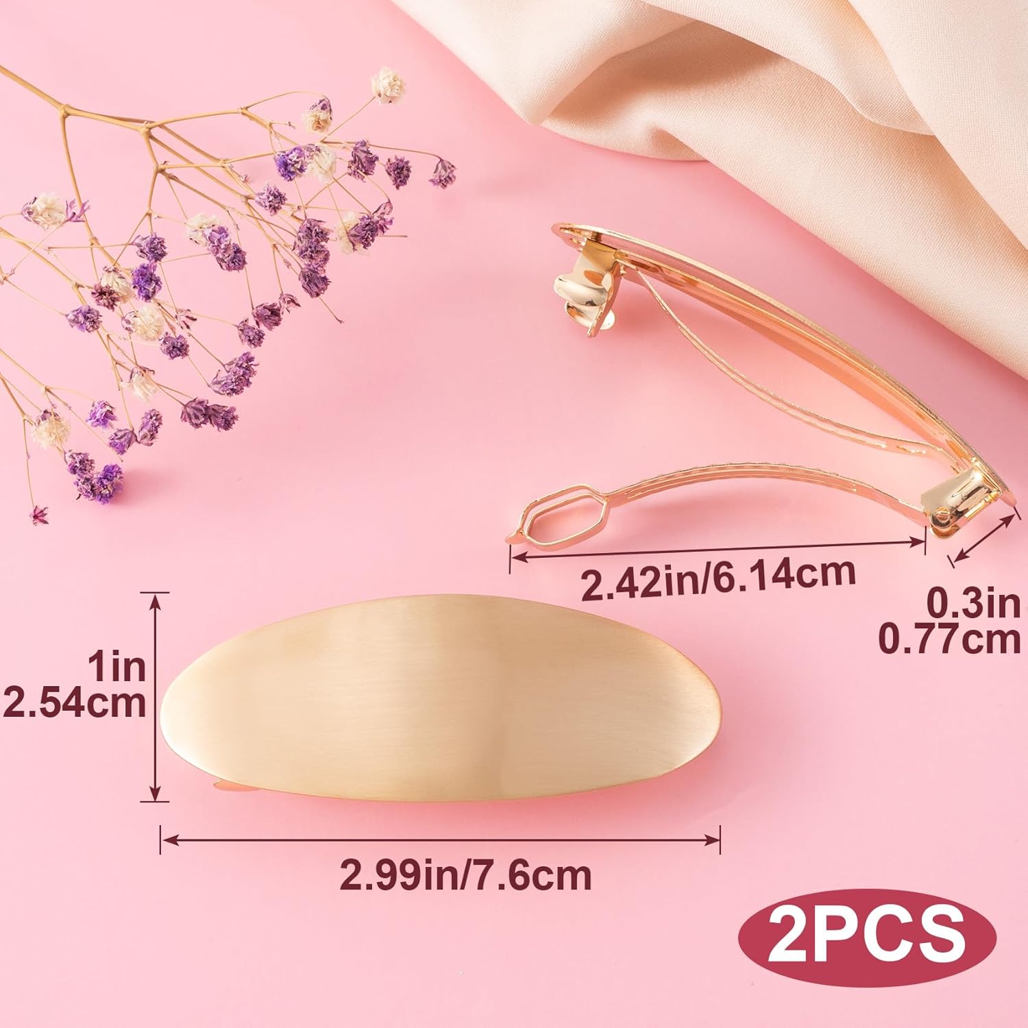 2pcs French Metal Oval Hair Barrettes for Women, Non-Slip Simple Large Hair Clip, Vintage Brushed Hair Accessories for Long Short Curly Straight Thick Thin Wavy Hair-Gold - Image 2
