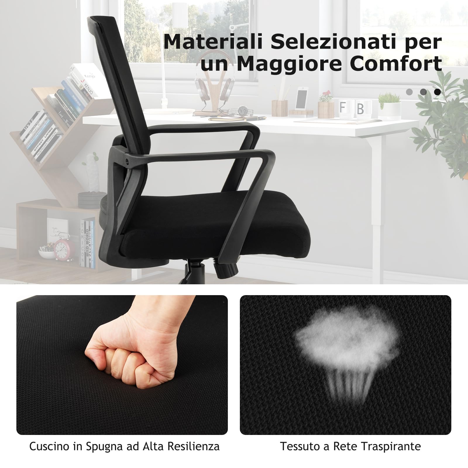 GYMAX Sedia da Ufficio Ergonomica Girevole a 360°, Sedie in Rete con Seduta Regolabile in Altezza (43-53cm) & Schienale Inclinabile (90-110°), Sedia da Scrivania per Studio, Lavoro & Relax