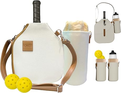Pickleball Paddle Cover Crossbody bag with Adjustable Strap, Waterbottle holder, Ball Holder, Gifts for Women Men