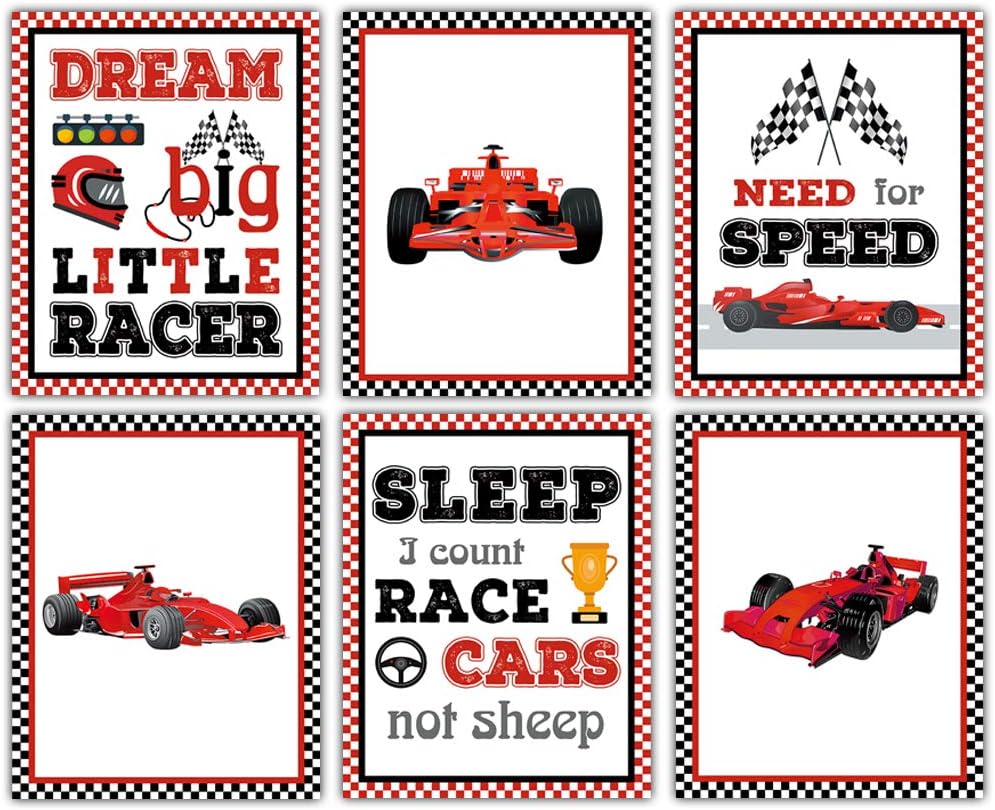 LHIUEM Buffalo Plaid Wall Decor,Modern Sport Race Car Room Decor,Inspirational Boys Room Quote Dream Big Little Racer Wall Art Cardstock Poster For Boy Playroom Bedroom Decor(Set of 6,8”X10”,Unframed)