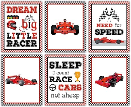LHIUEM Buffalo Plaid Wall Decor,Modern Sport Race Car Room Decor,Inspirational Boys Room Quote Dream Big Little Racer Wall Art Cardstock Poster For Boy Playroom Bedroom DecorSet of 6,8X10,Unframed
