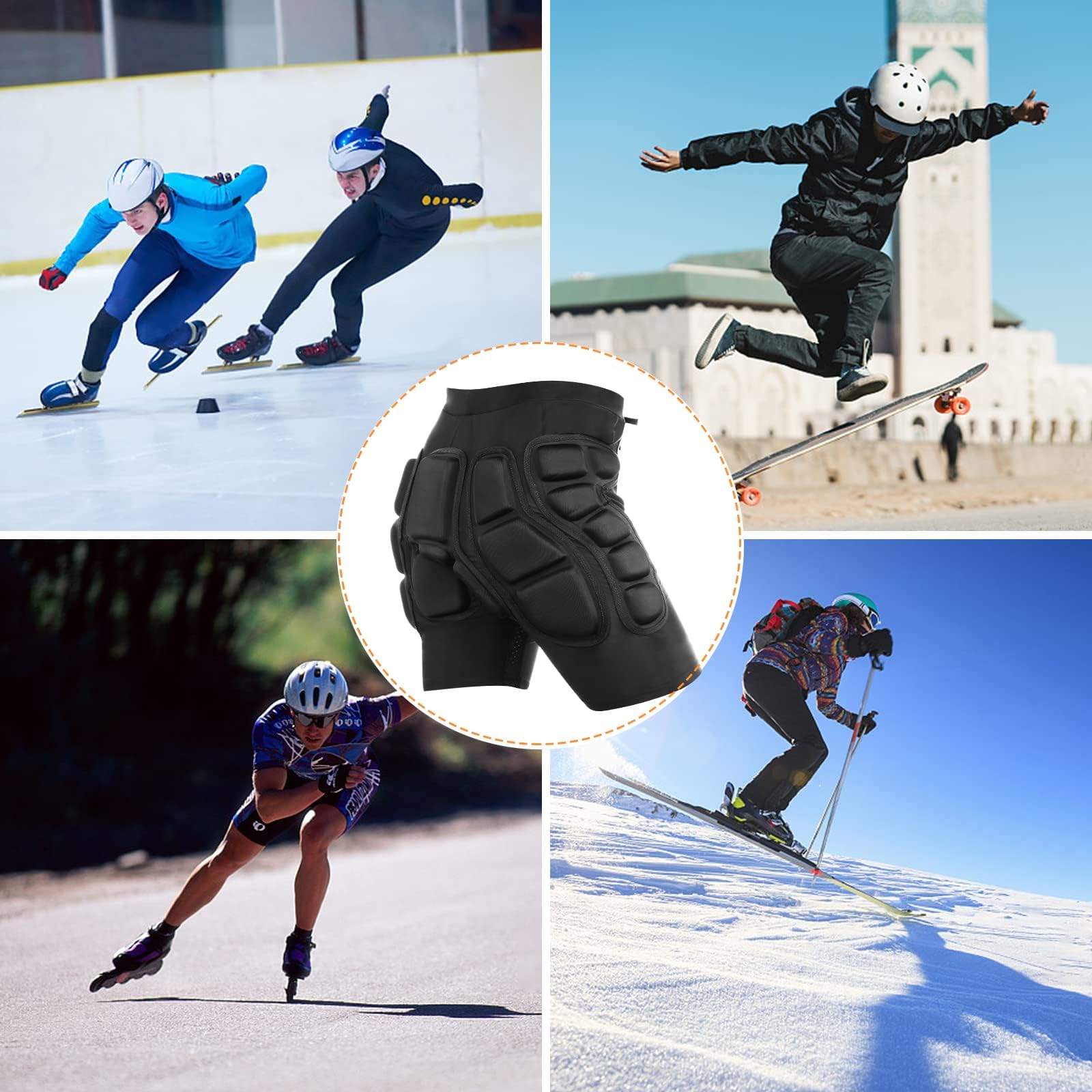 Pantaloncini Imbottiti Protettivi, Pantaloncini Pattinaggio Protezioni per Snowboard, Pattini, Sci, Skateboard, Protezione 3D per Anca, Coscia e Coccige