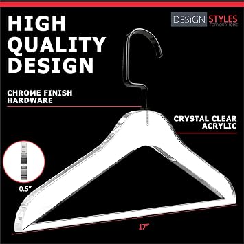 Clear Acrylic Clothes Hangers - 10 Pack Stylish and Heavy Duty Closet Organizer with Chrome Plated Steel Hooks - Non-Slip Notches for Suit Jacket, Sweater - by Designstyles (Black Pants Bar)