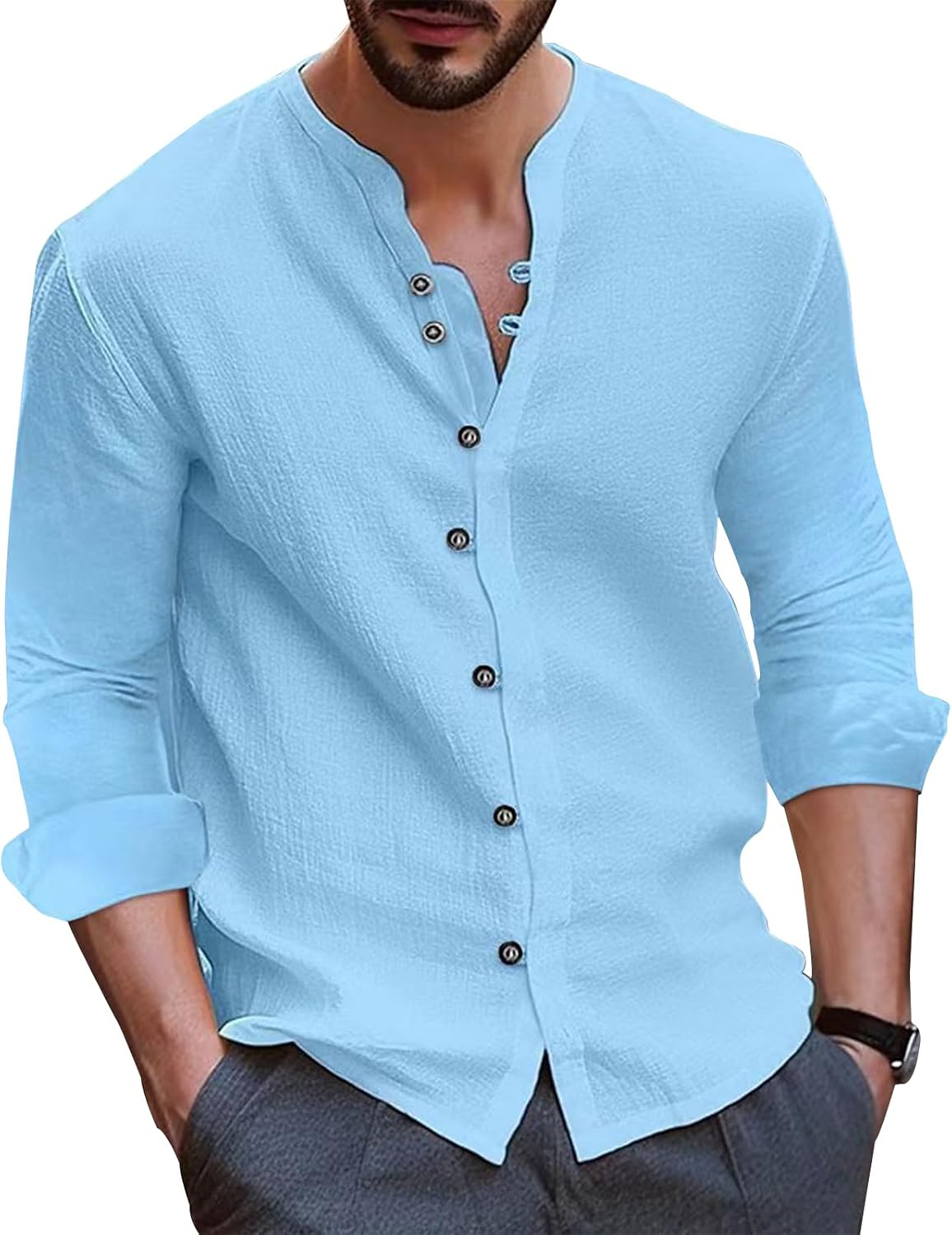 Men's Vintage Linen Shirts Long Sleeve Button Down Banded Collar Solid Color Breathable Casual Summer Beach Top