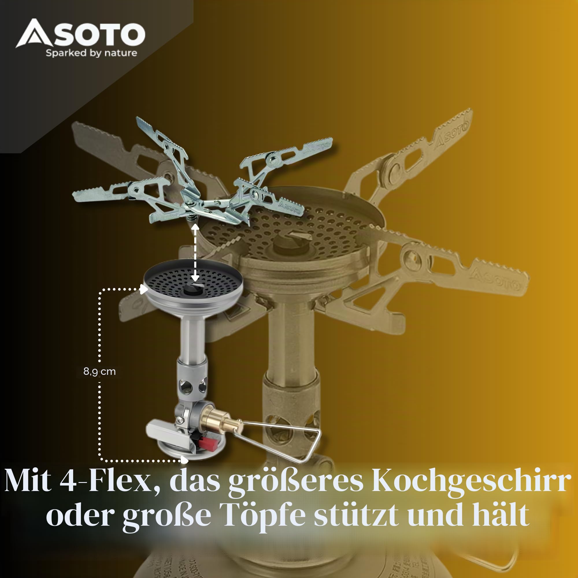 SOTO WindMaster Gaskocher mit Windschutz, ultraleicht 87 g, 3260 W | Erhöhter Rand am Brennerkopf schützt vor Wind; Micro Regulator für Kälte; leise; Piezo-Zündung; inkl. 4Flex; für Camping