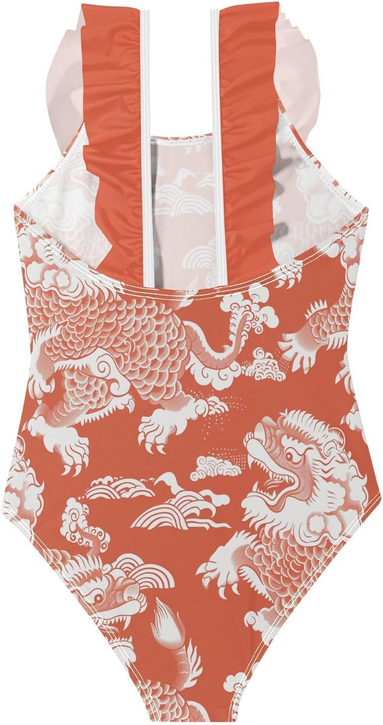 visesunny Girls One Piece Swimsuits Ruffle Swimwear Abstract Cartoon Lion Animal Bathing Suits for Girls 3-6Y