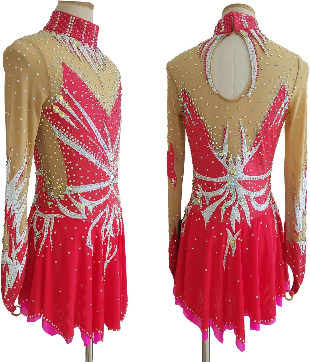 LIUHUO Ice Figure Skating Red Dress Women's Girls Competition | Long Sleeve,Comfort,Ventilate,Elastic,Support Customization,Shining Diamond,High Neck