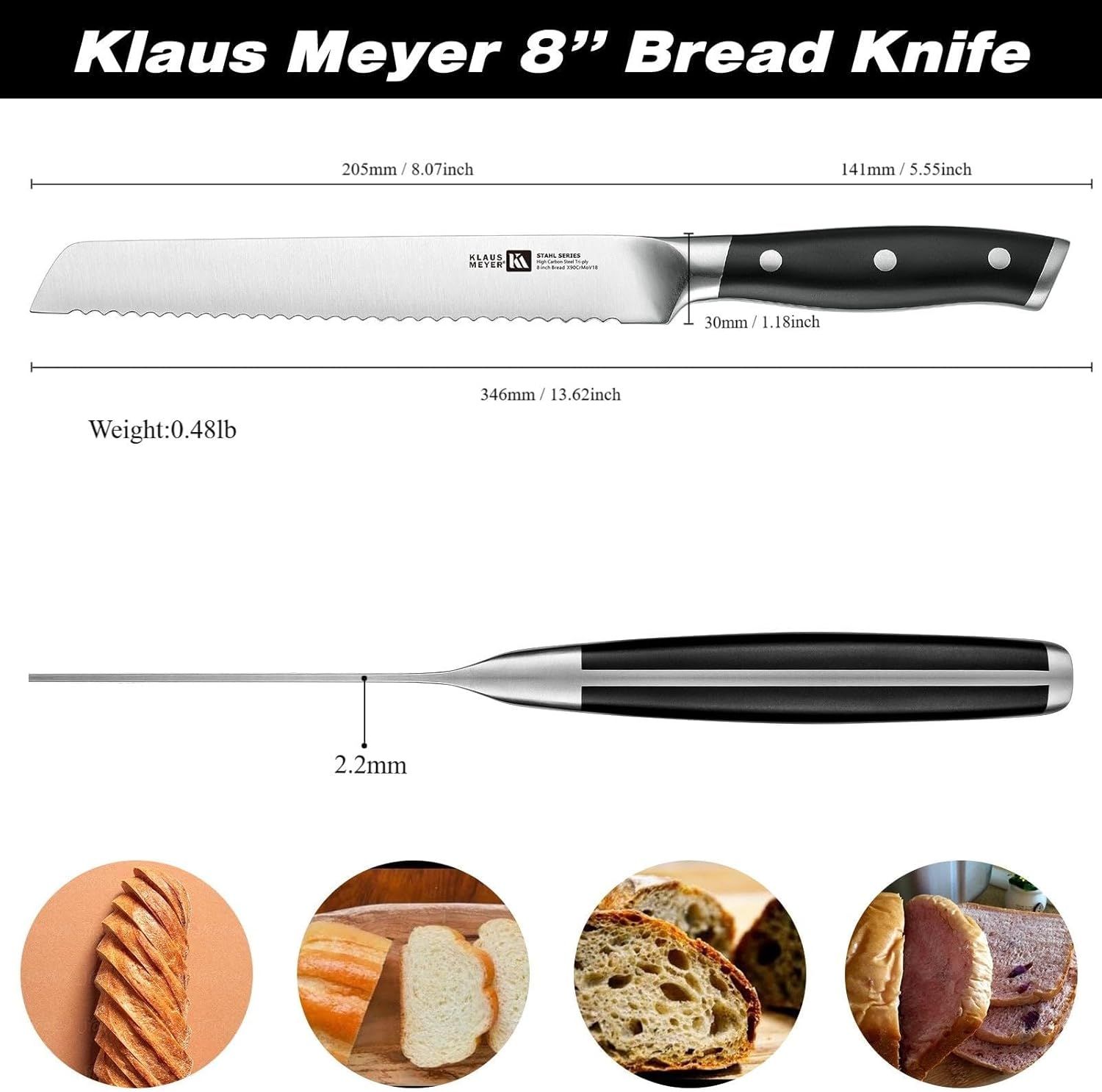 Klaus Meyer Stahl High Carbon Tri-ply Steel 8 inch Bread Knife