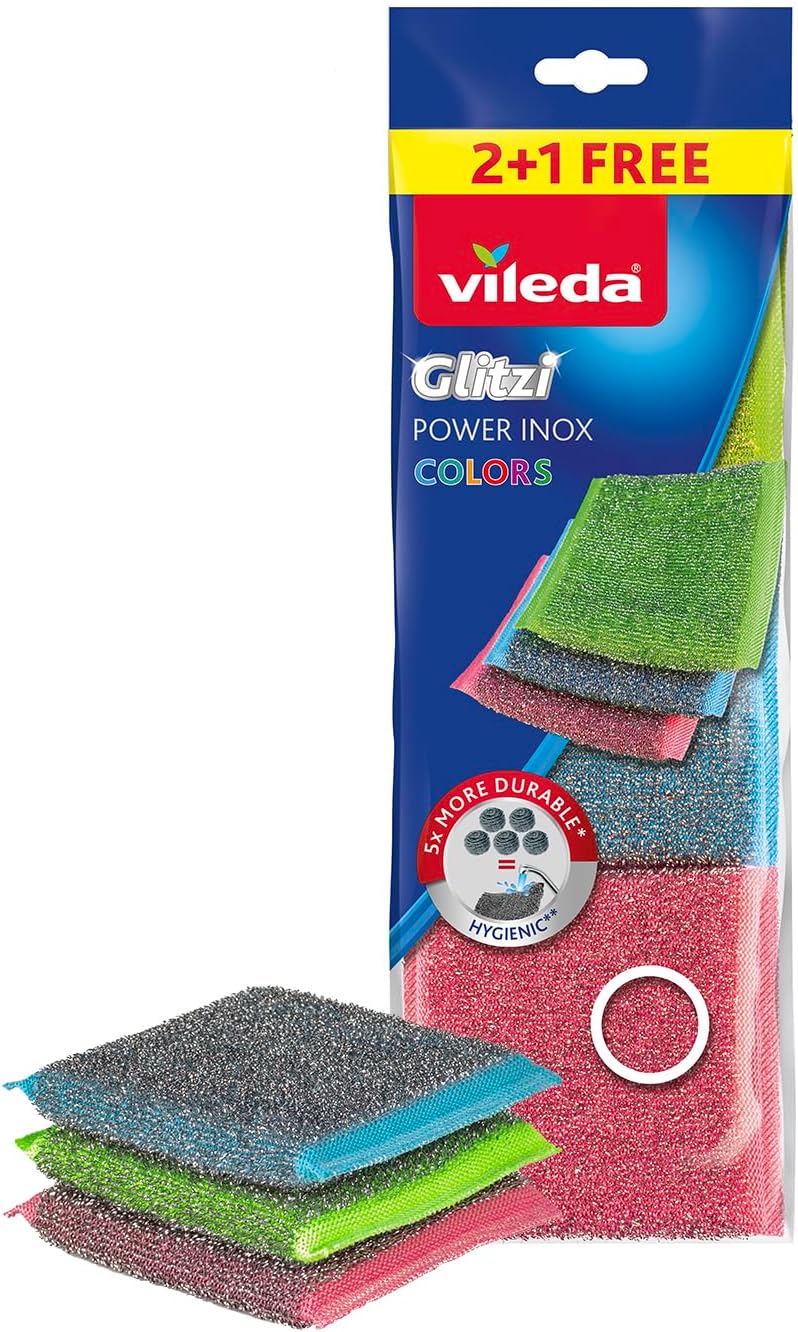 Esponja Vileda Glitzi Power INOX Colors, Exterior de Acero Inoxidable