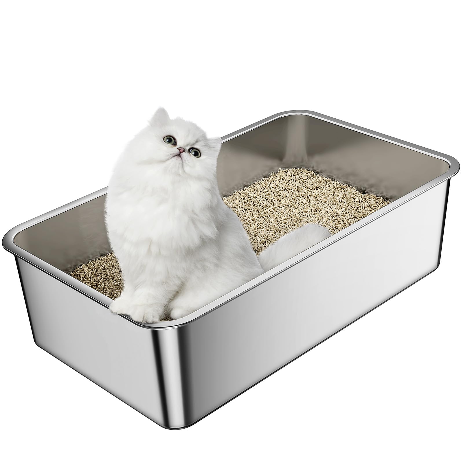 Barhon Katzenklo Edelstahl 50 x 35 x 15 cm, Katzentoilette Edelstahl für Großkatzen mit hoher Seite, Katzenklo Metall Nicht klebend, leicht zu reinigen