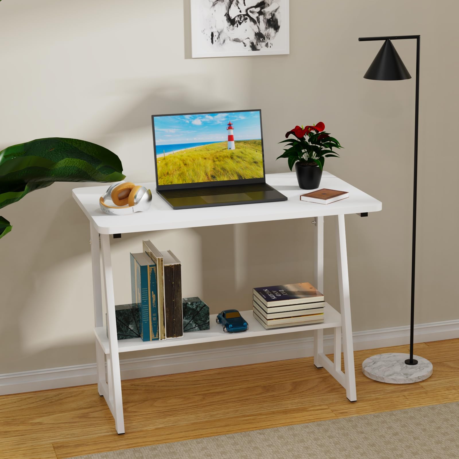 OXFENSEE Mesa Ordenador con Conejera, 80x50cm Escritorio de Escritorio, Doble Conejera Mesa de Escritorio, Escritorio pequeño Moderno, Hogar, Oficina, Salón(Blanco)