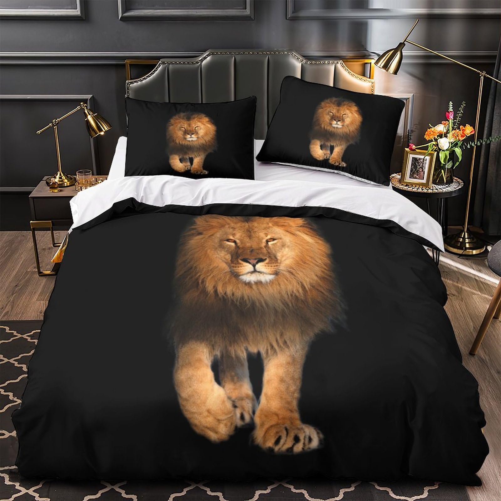 Parure de lit lion 3D en microfibre inaltérable de prestige pour lit adulte super king size