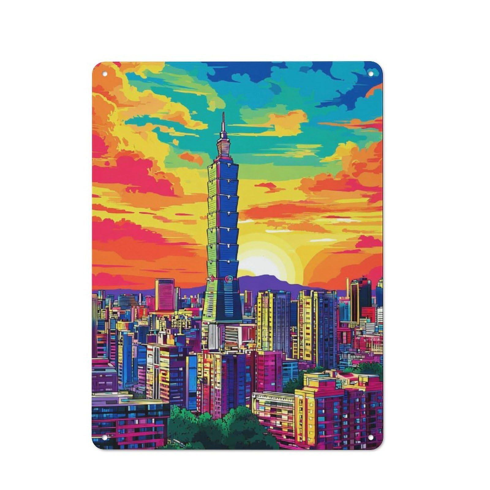 Simple Retro Vibrant Cityscape with Rainbow Sky Metal Wall Plaque 40x30cm, Creative Space Decor for Office, Study, Studio Or Hallway
