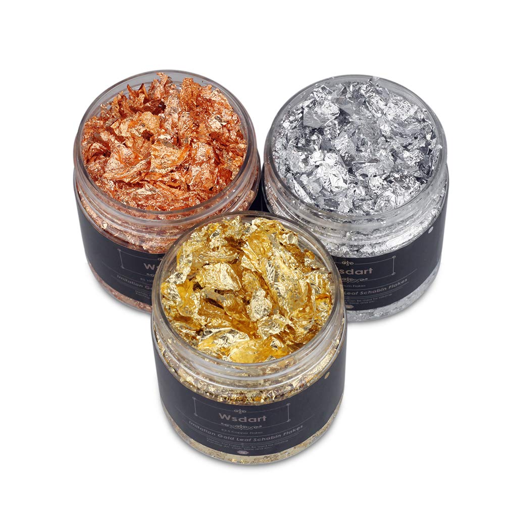 Wsdart Gilding Flakes Set - 15 Grams Color 2.5 Imitation Gold, Silver, Color 0 Real Copper Schabin Flakes, 3 Bottles Metallic Foil Flakes for Resin Art, Painting and Crafts, Nail Art 1