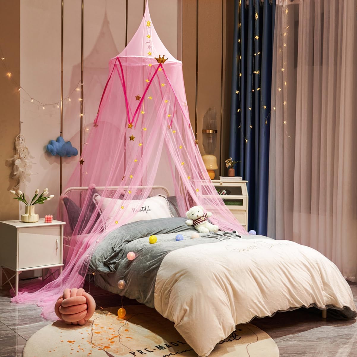 Dome Mosquito Net Crown Star Embellishment Bed Curtain Princess Style Bed Canopy Mosquito Netting For Bedroom, Girl's Room