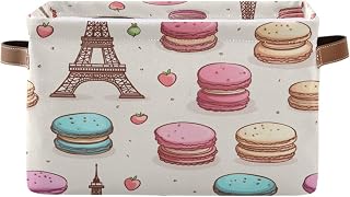 ALAZA Decorative Basket Rectangular Storage Bin, Macaron Cake Eiffel Tower Organizer Basket with Leather Handles for Home Office