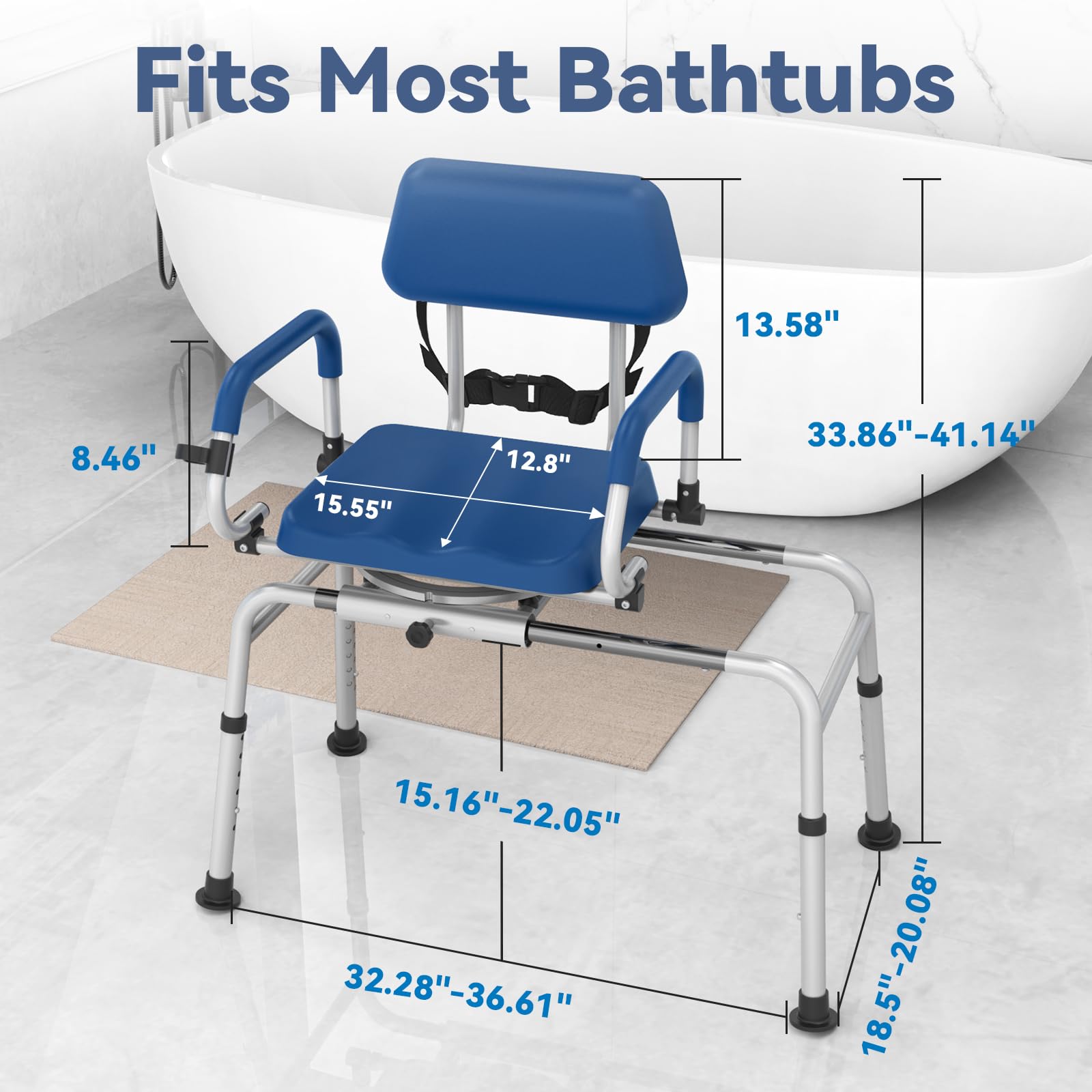 Silla de baño ajustable con soporte trasero, color azul