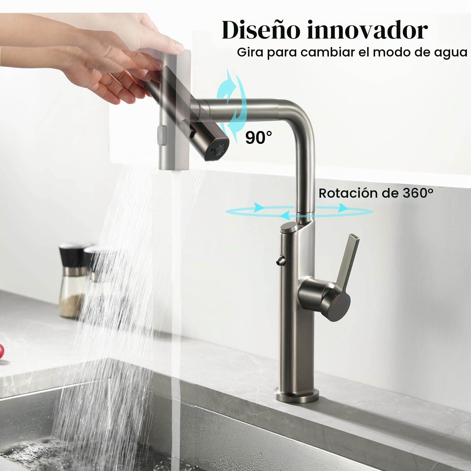 Grifo de Cocina 3 Vías con Ducha Extraíble, Grifo de Agua Potable para Sistemas di Ósmosis o Filtro de Agua, Monomando 4 Modos Grifo de Fregadero de Cocina con Dos Salidas (Negro)