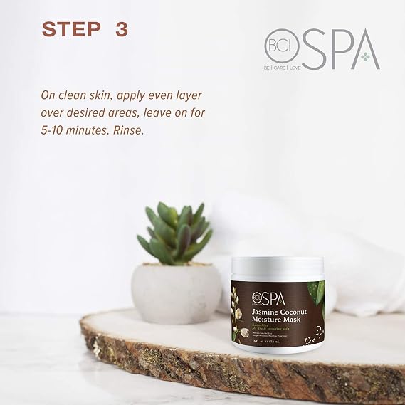 BCL SPA Jasmine Coconut 4-STEP Complete System includes a 16 oz Dead Sea Salt Soak, a 16 oz Rice Scrub, a 16 oz Moisture Mask, and a 16 oz Massage Cream for Profeesional or Home Use Made in USA