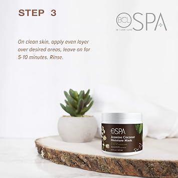 BCL SPA Jasmine Coconut 4-STEP Complete System includes a 16 oz Dead Sea Salt Soak, a 16 oz Rice Scrub, a 16 oz Moisture Mask, and a 16 oz Massage Cream for Profeesional or Home Use Made in USA