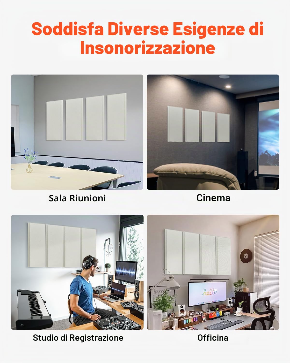 VEVOR Pannelli Acustici Murali Fonoassorbenti Autoadesivi, Pannelli Fonoassorbenti in Fibra di Vetro Bianca 4,36 kg, per Studi, Uffici, Sale Riunioni, 4 Pezzi 600 x 300 x 50 mm, Beige