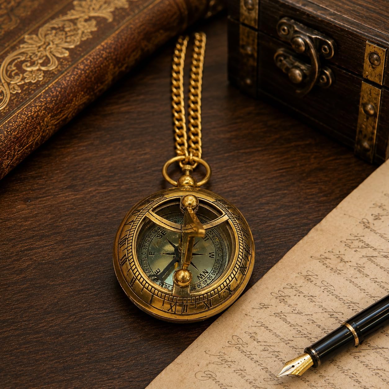 Shiny Brass Sundial Compass with Chain Pocket Compass for Lovers Celebrational Hiking Camping Outdoor Navigational Compass image 2