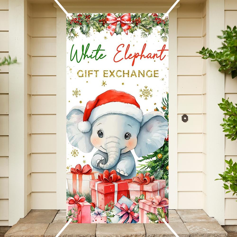 Ticuenicoa White Elephant Gift Exchange Door Cover Merry Christmas Door Banner Decorations Xmas Snowflake Hanging Covers Christmas Eve Porch Sign Banners for Front Door Indoor Outdoor Party Decor