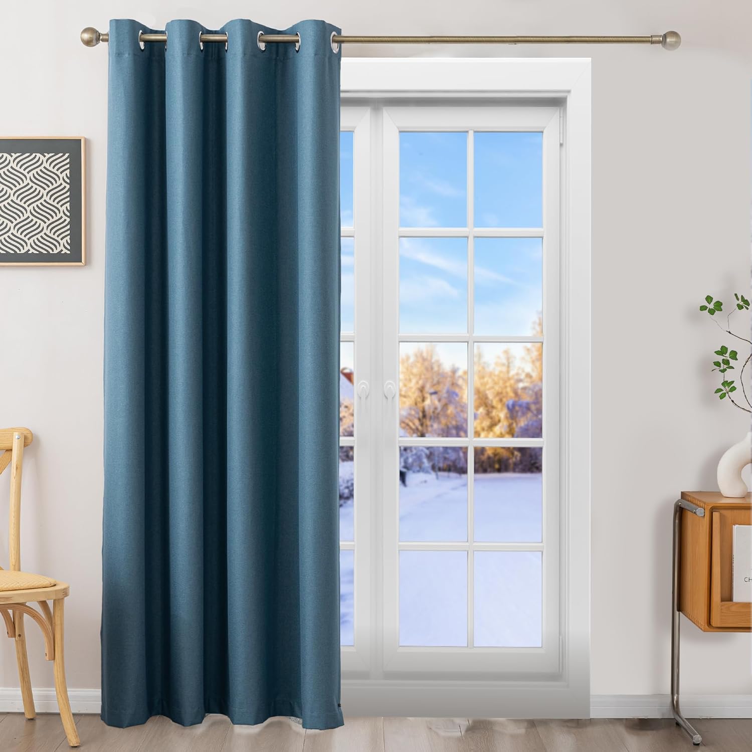 Flame-Retardant NFPA 701 Standard Curtain 63-inch Single Panel 100% Blackout Curtain Ideal for Bedrooms and Living Rooms Thermal Insulation Metal Ring Hanging System (52x63 inches,Blue)