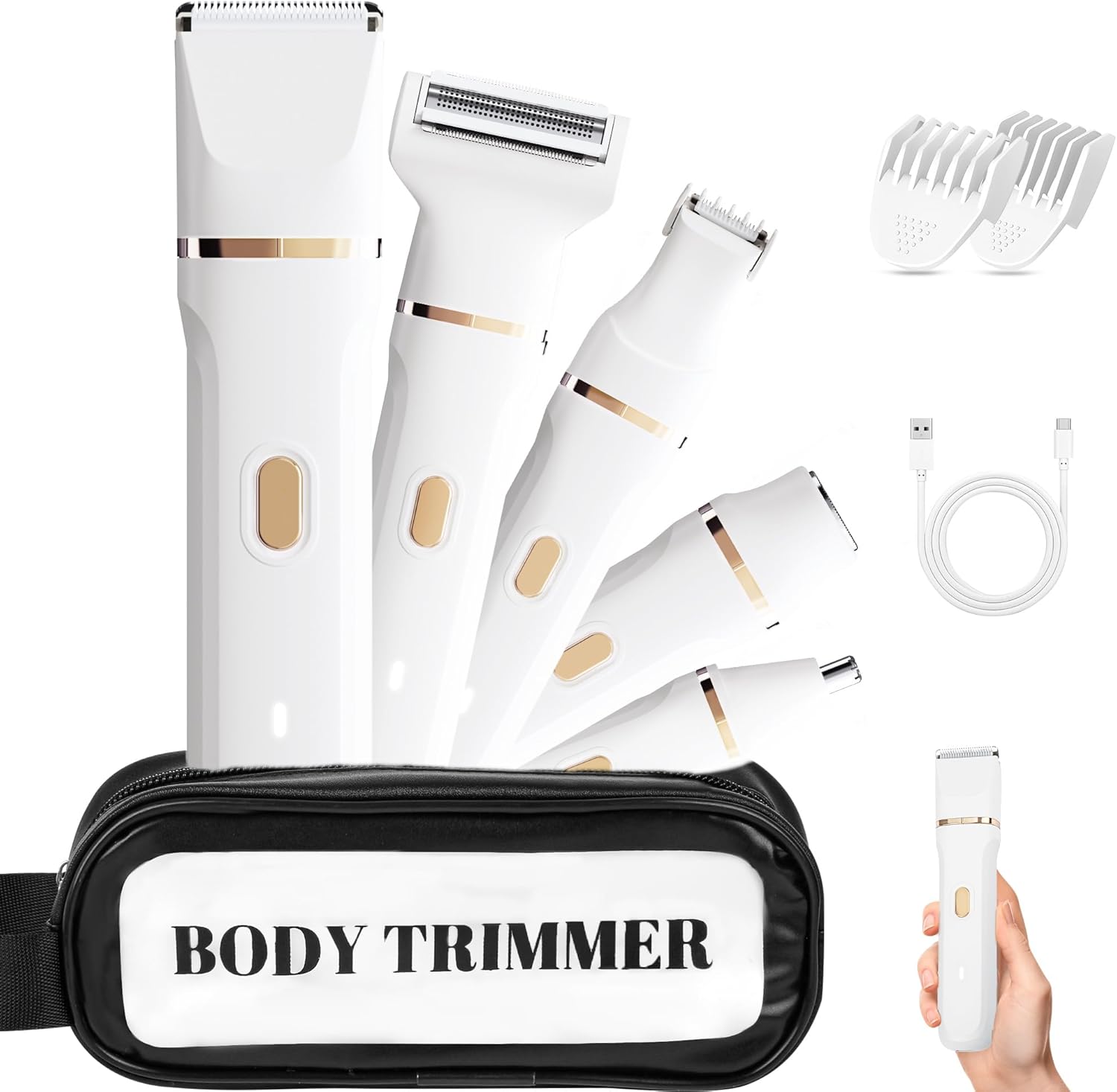 Bikini Trimmer for Women, 5-in-1 Waterproof Electric Razors for Women, Painless Pubic Hair Trimmer, Rechargeable Electric Shaver, Bikini Razor with Travel Case, Body Shaver & Face Nose Trimmer, Black