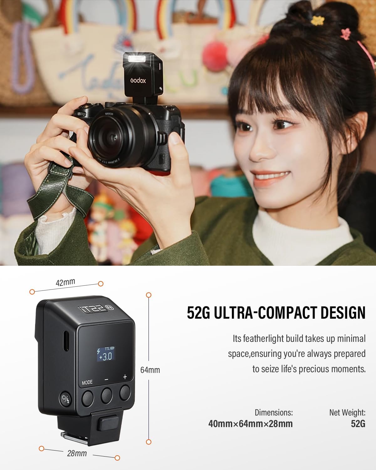 Godox iT22 N Mini Flash for Nikon Built-in 7.4V 300mAh Battery Manual/TTL Modes 700+ Flashes 1.5s Recycle Hot Shoe Flash with Diffuser/Color Filters Accessories for Nikon Cameras