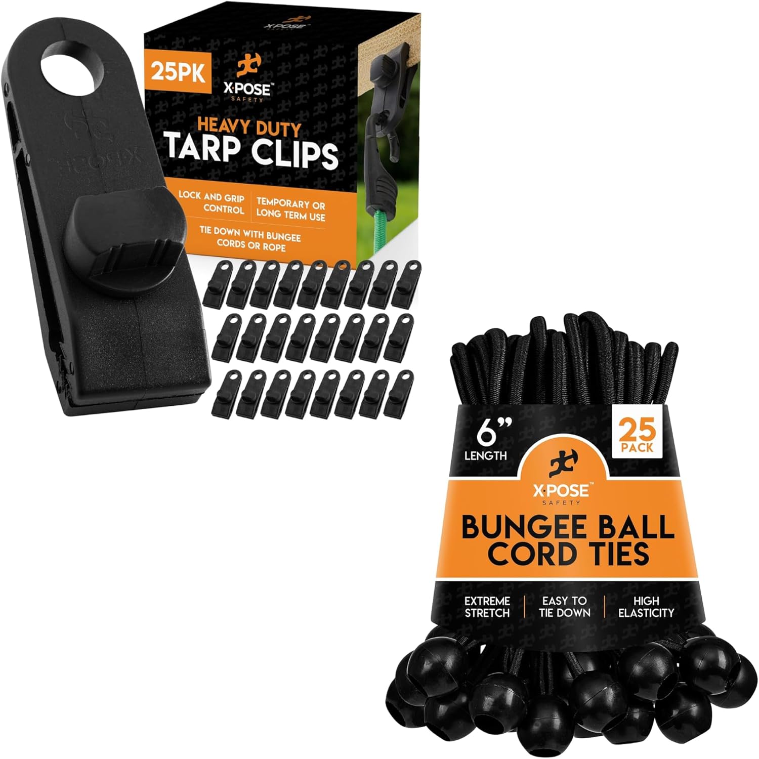 25-Pack Heavy Duty Reusable Tarp Clips & 25-Pack Bungee Ball Cords for Canopy Tents, Awning, Camping, Boat Covers, Car Covers, Pools & Sun Shades by Xpose Safety