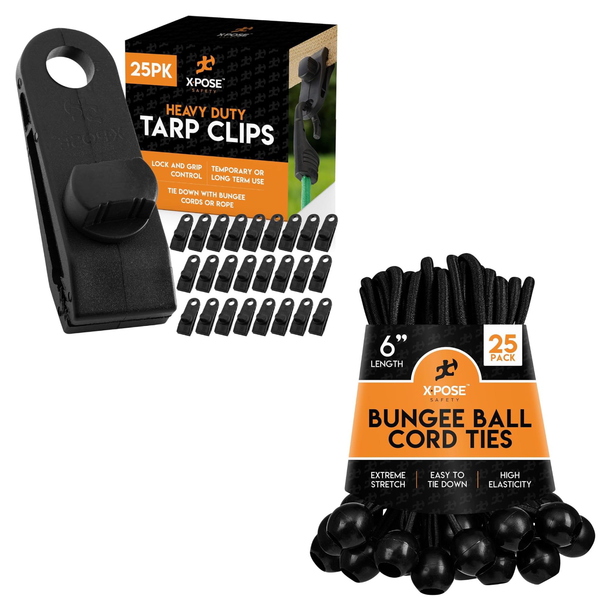 25-Pack Heavy Duty Reusable Tarp Clips & 25-Pack Bungee Ball Cords