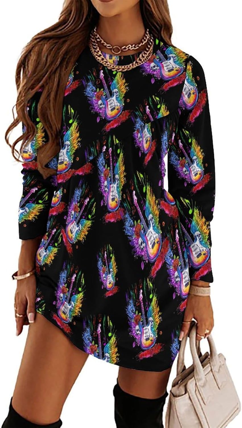 Electric Guitar with Wings Skull Roses Women's Fleece Sleeve Sweatshirt Dress Long Pullover Casual Dresses