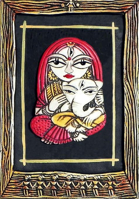 DollsofIndia Multicolor Terracotta Parvati with Ganesha - Wall Hanging - 9 x 6 inches (GR25)