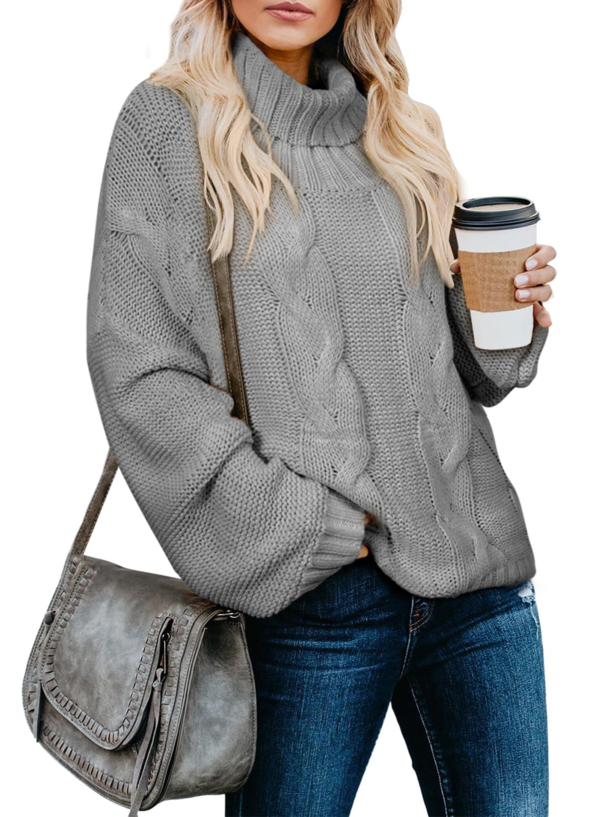 Dokotoo Womens Winter Fall Turtleneck Cable Knit Chunky Sweaters Pullover | Winter Tops,Elegant,High Neck,Long Sleeve,Outerwear,Cozy,Trendy Clothes X-Small A Gray 01