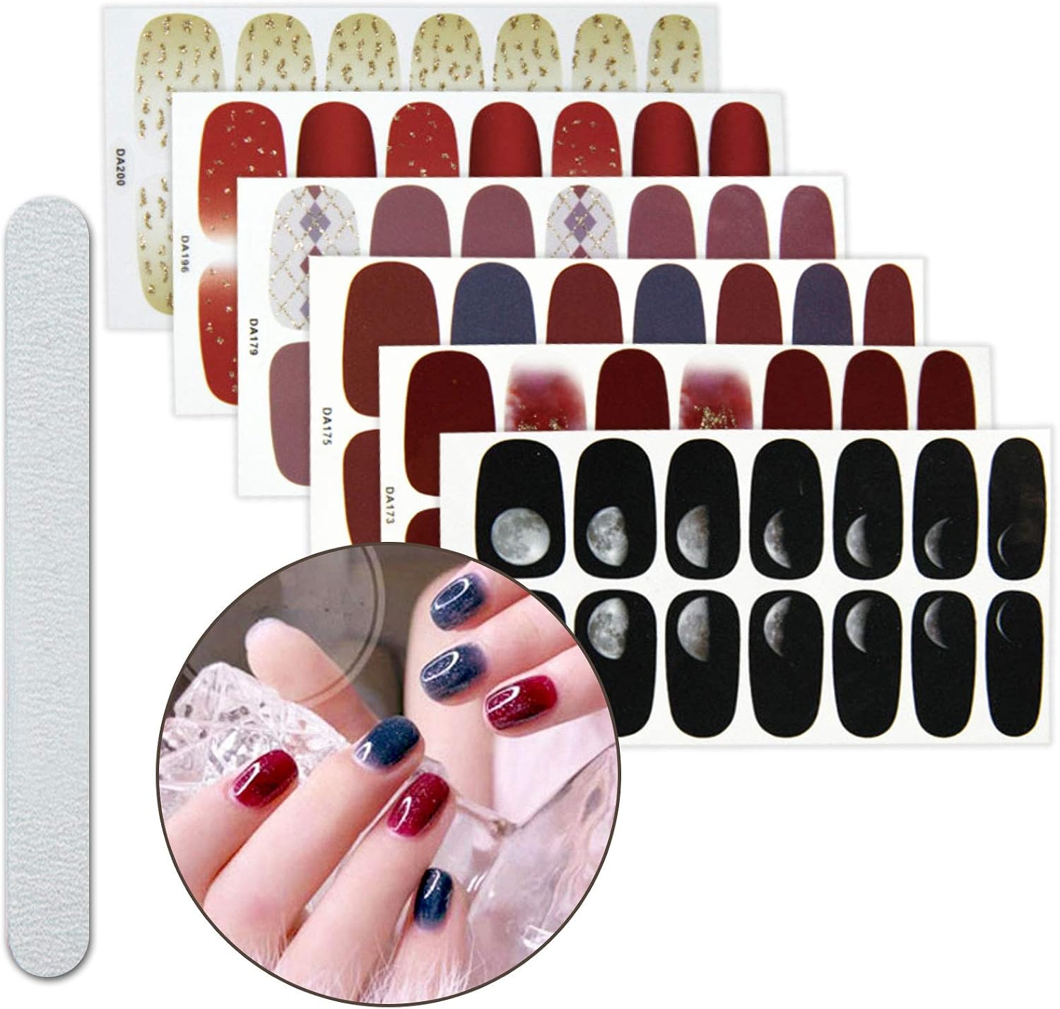 6 Sheets Full Nail Wraps Art Polish Stickers Decal Strips Adhesive False Nail Design Manicure Set with 1Pc Nail Buffers Files for Women Girls