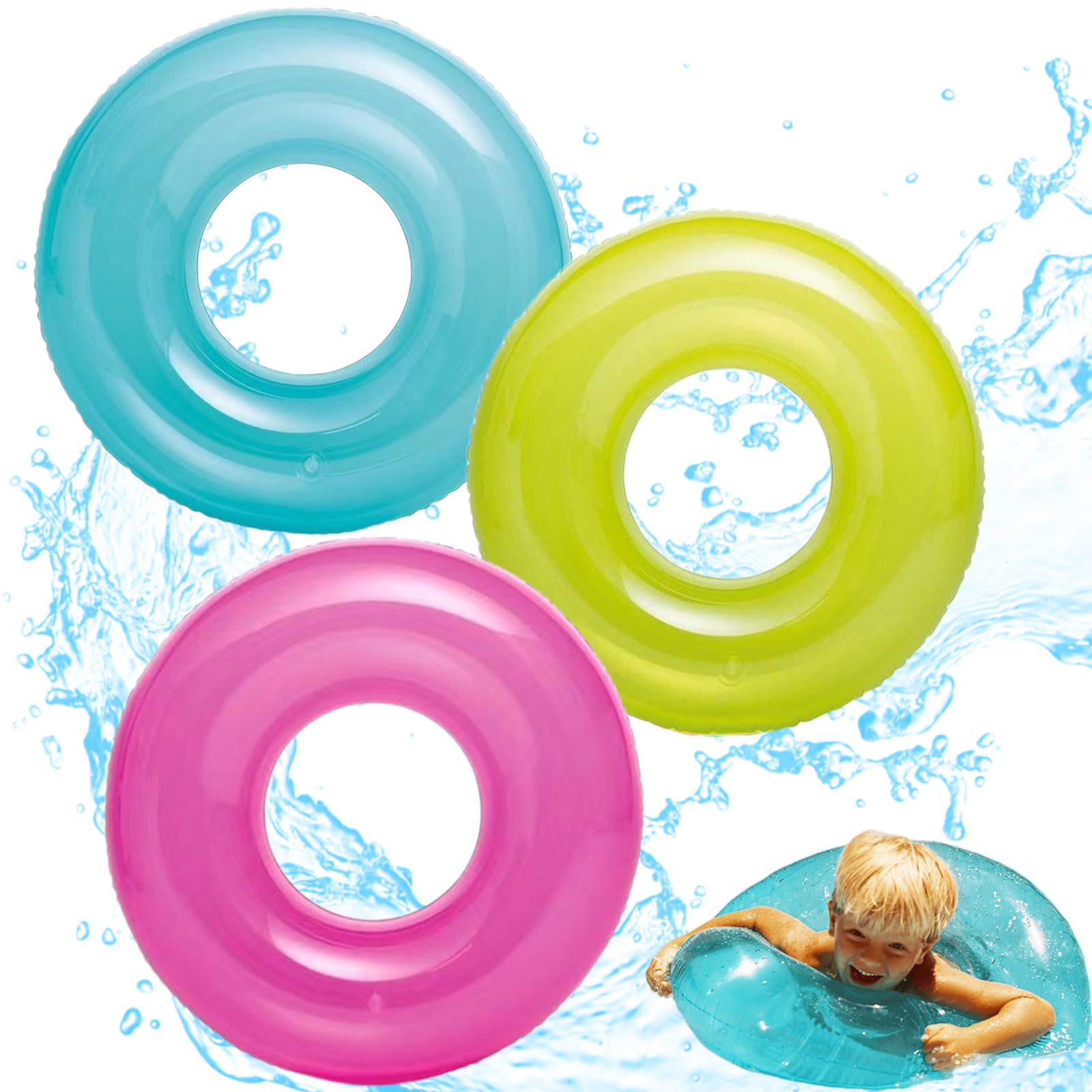 POPOYU 3Pcs Translucent Inflatable Pool Floats Ring,Giant Blow Up Swimming Ring,Swim Wheel Tube Pool Rubber Rings Pool Inflatables Swimming Pool Summer Beach Party Supplies