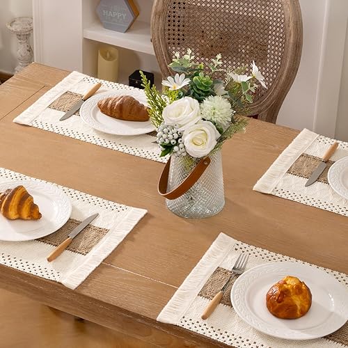 Miniatura 4 de Socomi Juego de 6 manteles individuales bohemios de arpillera de algodón lavables, manteles de mesa de macramé tejido de macramé para decoración de