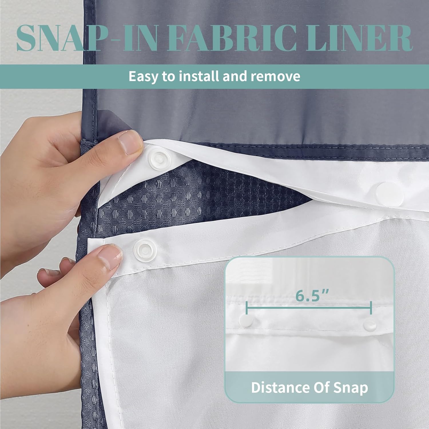 Navy Extra Long No Hook Waffle Weave Shower Curtain with snap-in Liner Replacement, 230GSM Waterproof Fabric Hotel Shower Curtain Set for Bathroom, Through Mesh Top Window,71Wx86H
