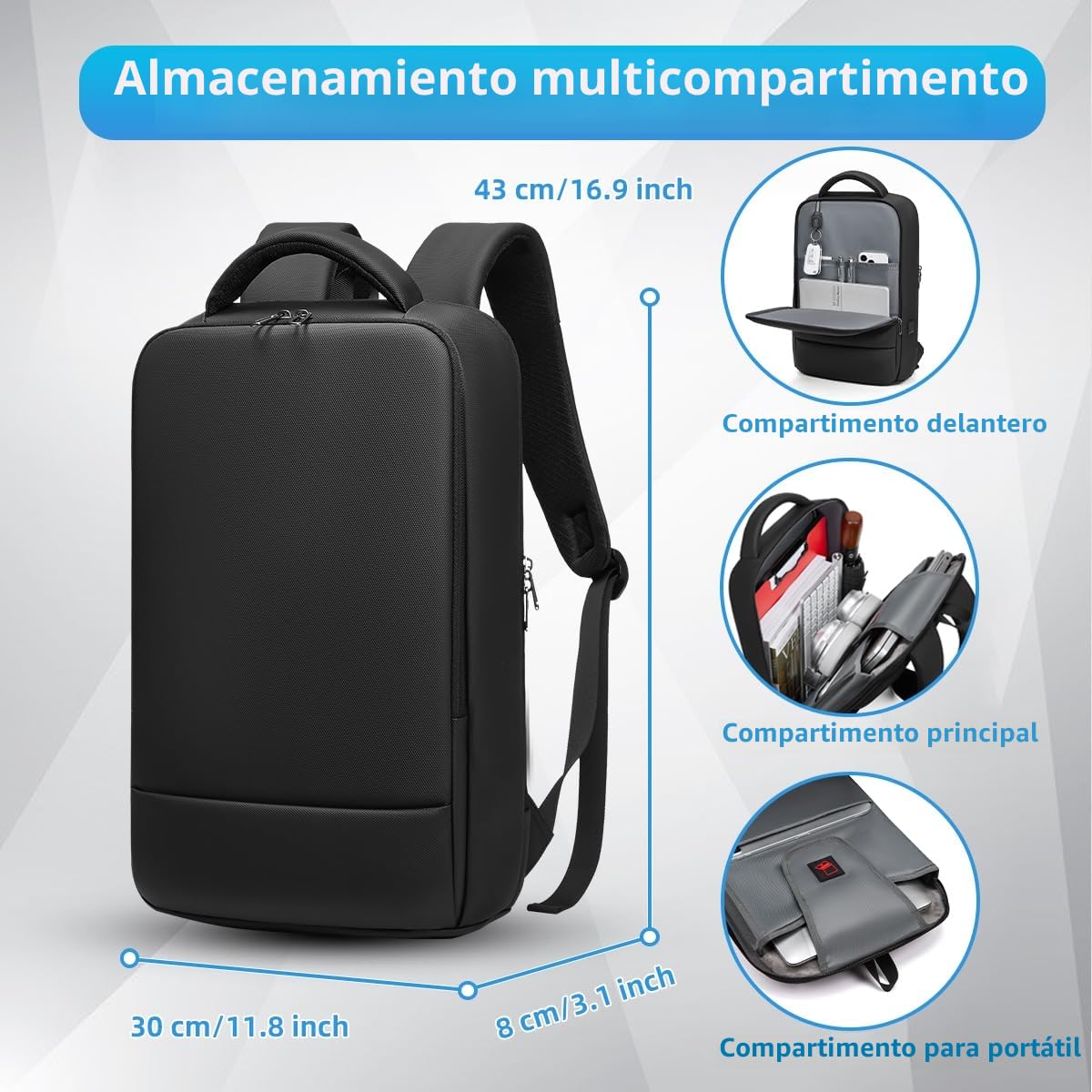 Mochila Portatil 15.6 Pulgadas Mochila Trabajo Hombre Antirrobo Impermeable Bolsa Compacta para Negocios Escuela Oficina Trabajo Exterior-Negro