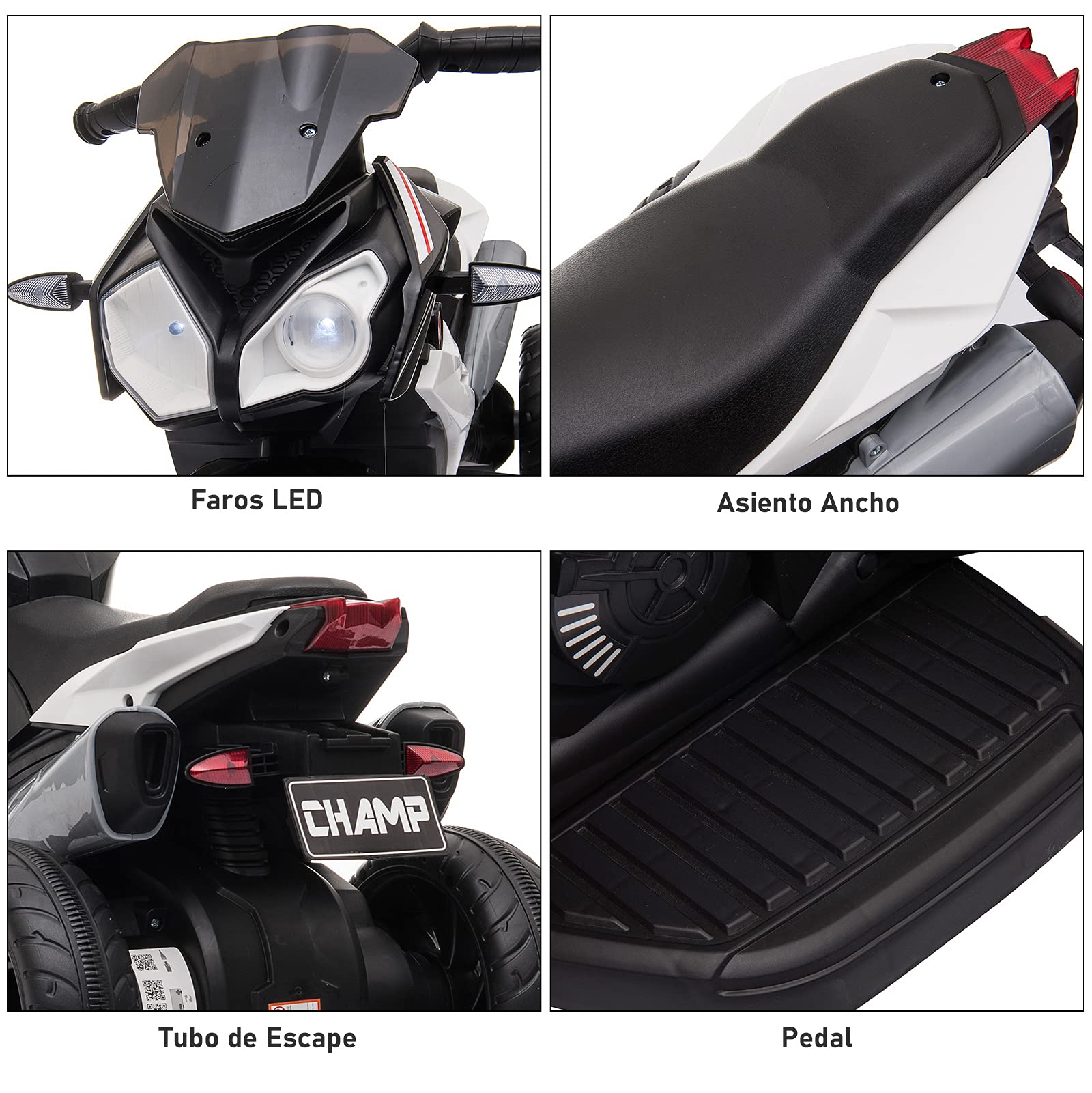 HOMCOM Moto Eléctrica Infantil con 3 Ruedas Trimoto para Niños de +3 Años con Batería 6V Recargable Funciones de Música Bocina Faros 86x42x52 cm Negro y Blanco