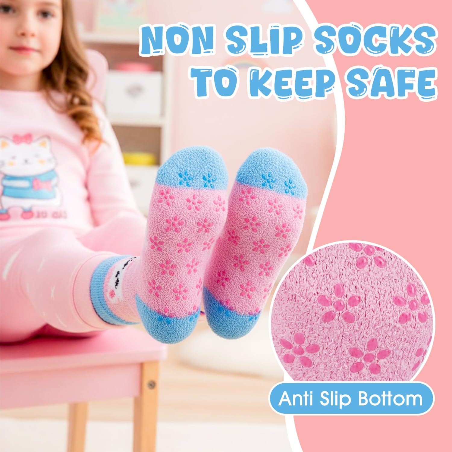HONGTEYA Girls Kids Fuzzy Socks with Grips Toddler Non Slip Slipper Socks Crew Fluffy Warm Winter Sock 6 Pairs for 4-12 Years - Image 4